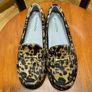 Aravon Leopard Print Loafers with Gold Accents